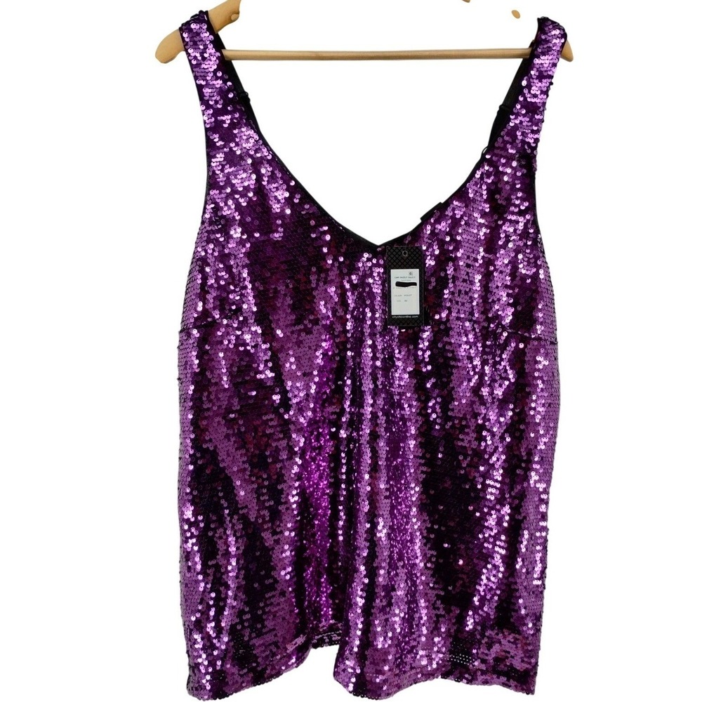 NWT City Chic Sequin‎ Cami Razzle Dazzle Purple V Neck Tank Top Size 14